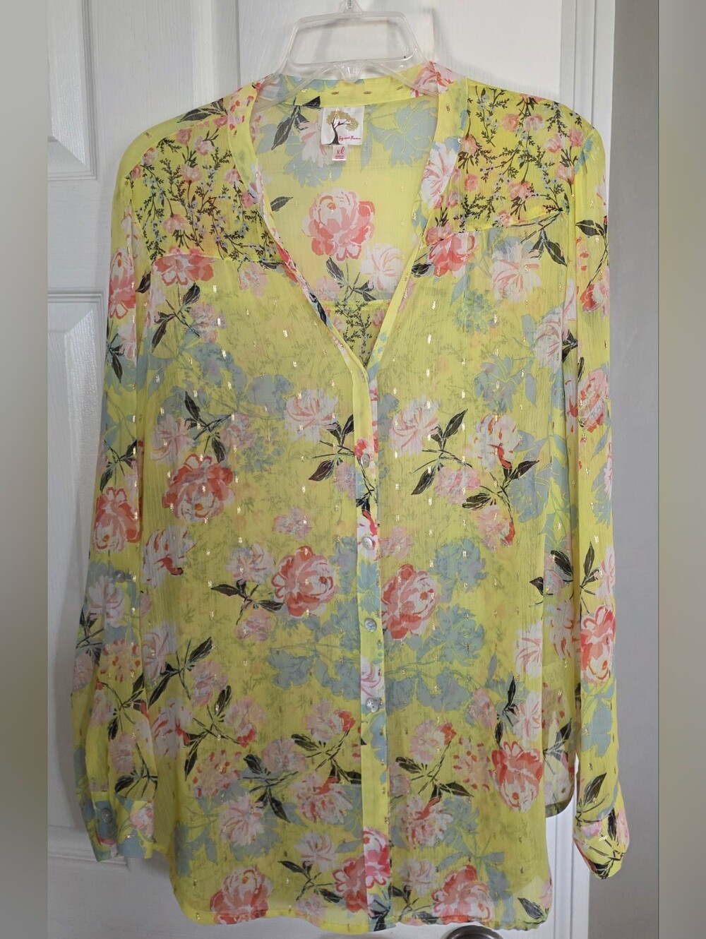 Figueroa & Fig Yellow Sheer Floral Long Sleeve Blouse XL